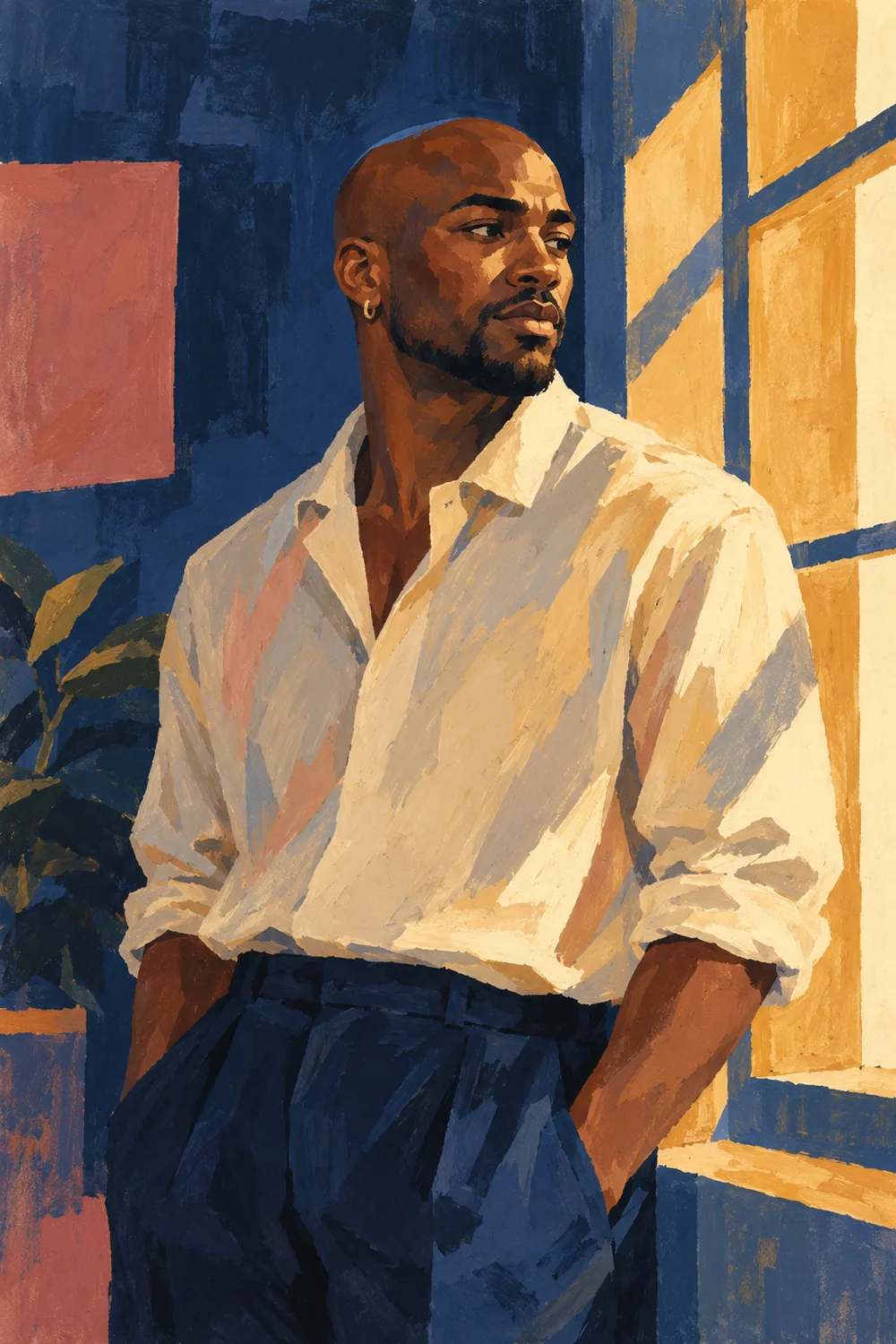 Matte gouache painting of a shaved-head Black man wearing a small hoop earring and cream shirt, standing beside a golden window against navy and muted rose wall shapes.
