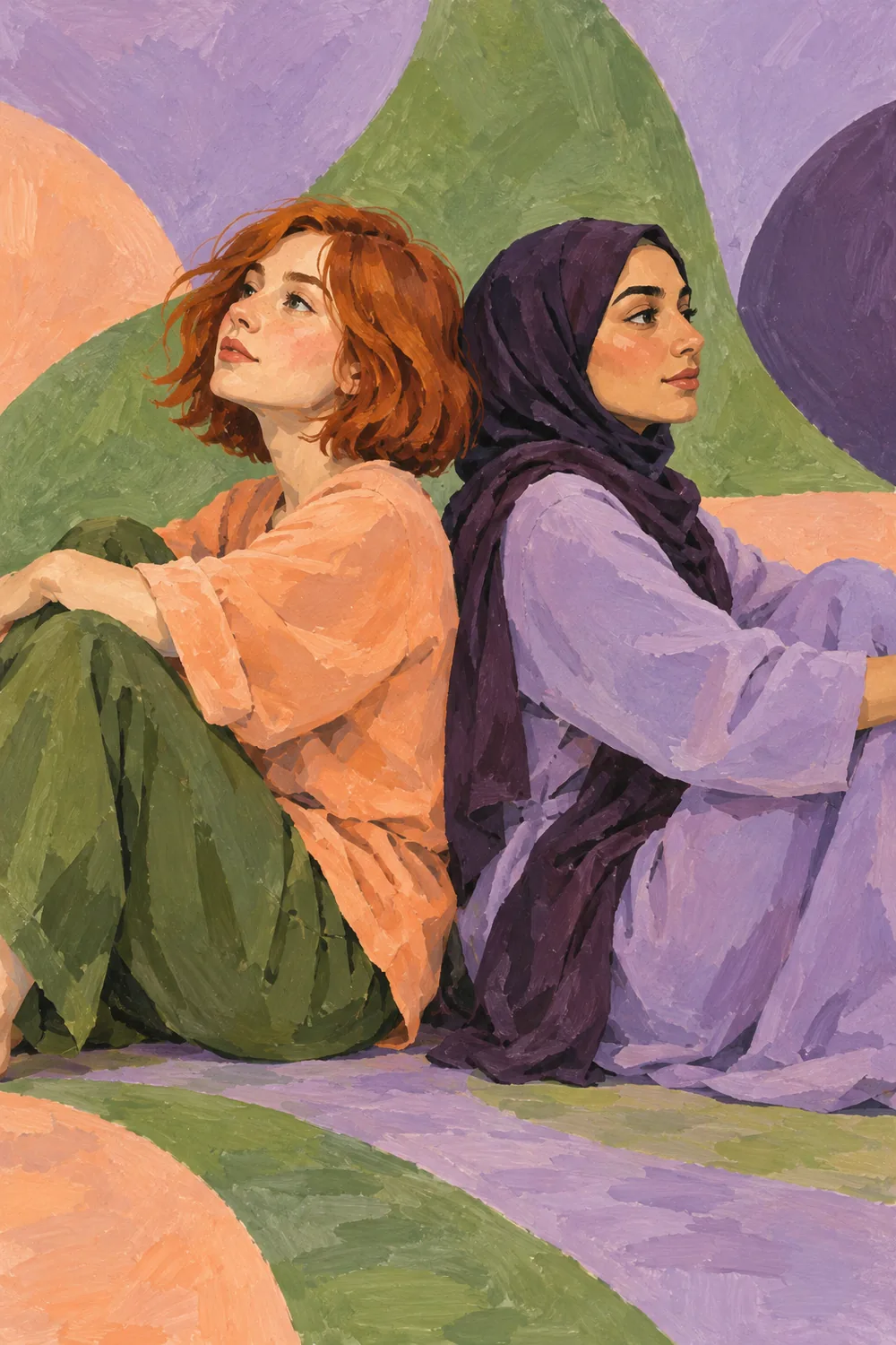 Matte gouache painting of two adult friends seated back-to-back with bent knees, one with red bobbed hair and one in a dark headscarf, against lavender and green shapes.