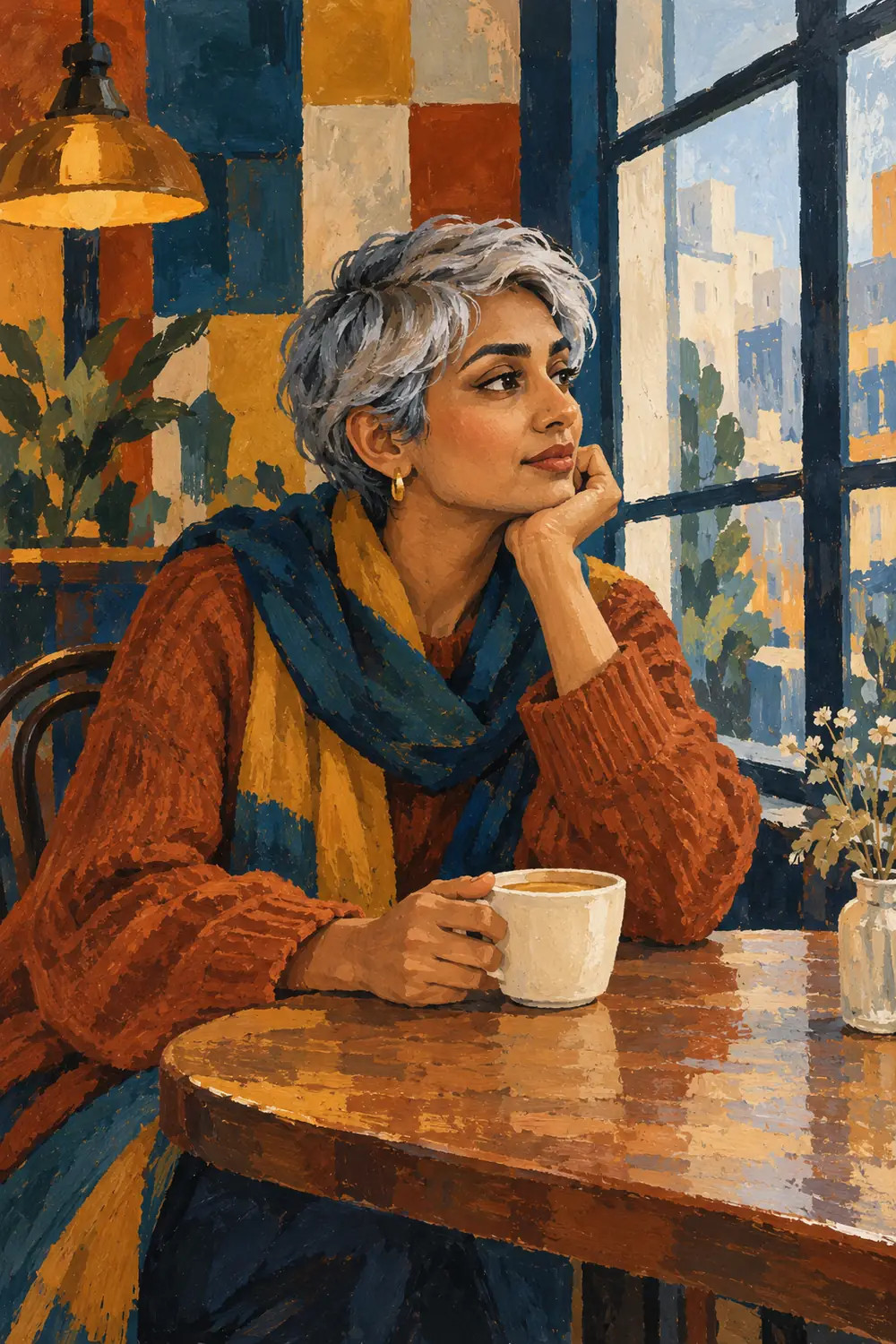 Opaque gouache painting of a silver-haired South Asian woman seated at a café table, holding a cup and gazing toward a blue-paned window.