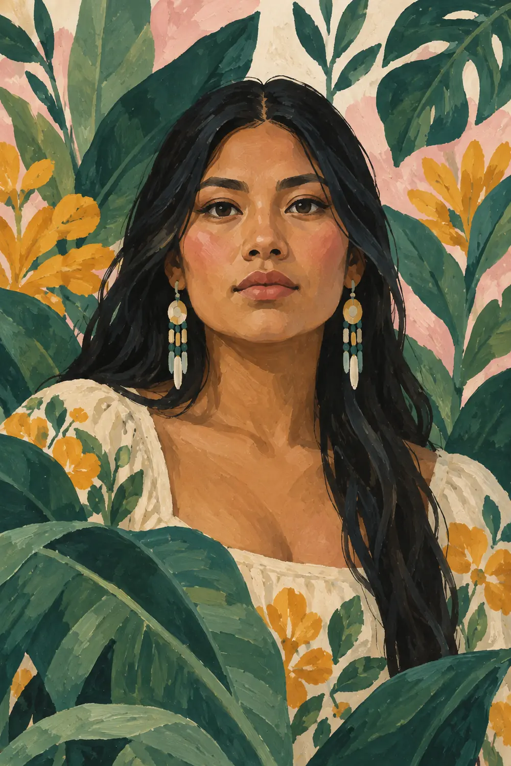 Matte gouache portrait of a fictional Indigenous woman with long dark hair, framed by jade leaves and marigold and pale pink accents.