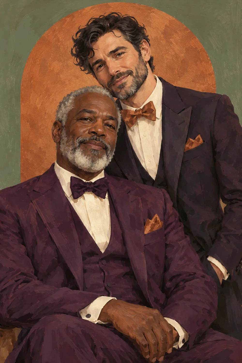 Matte gouache painting of an older Black man with a gray beard seated in front of his dark-haired husband, who stands close behind; both wear plum formal suits against a sage background with a copper arch.
