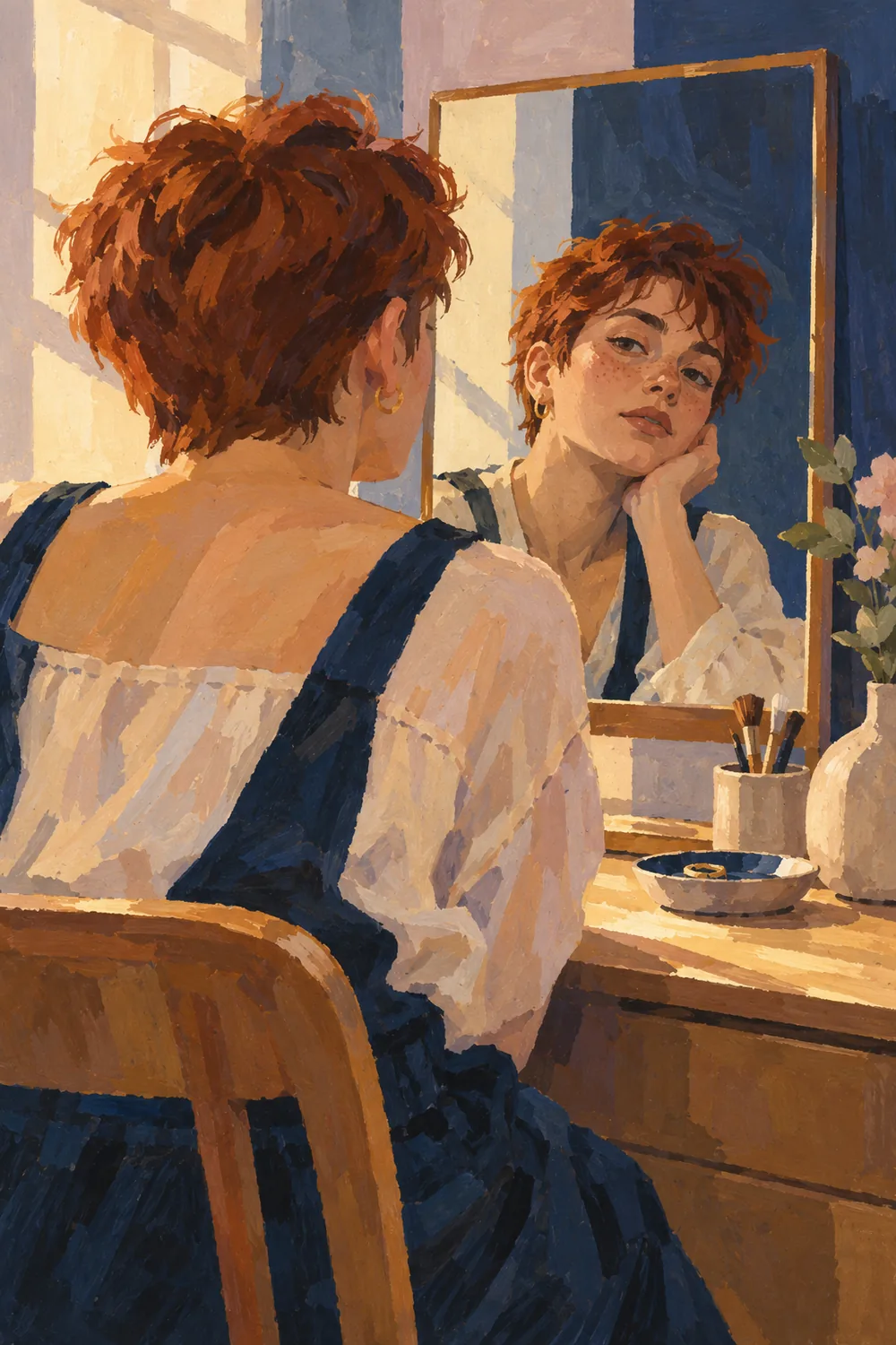 Matte gouache painting of an auburn-haired adult seated at a vanity, seen from behind with their face reflected in a rectangular mirror.