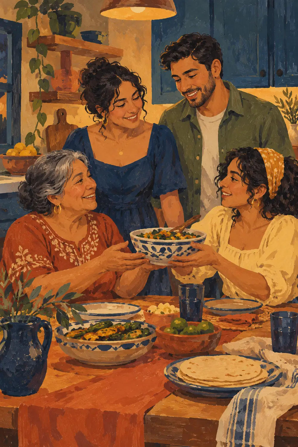 Matte gouache painting of four adult family members sharing dinner around a table in a warm kitchen; one passes a bowl.