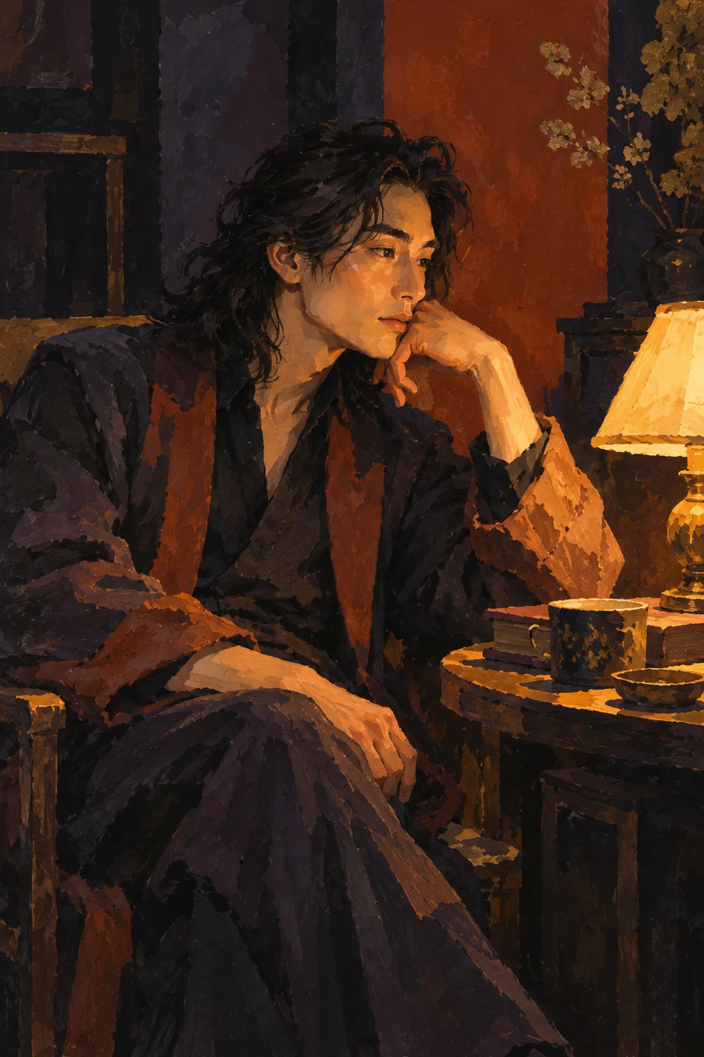 Vertical matte gouache painting of a seated East Asian man with shoulder-length hair looking toward a glowing table lamp in a dark rust and plum room.
