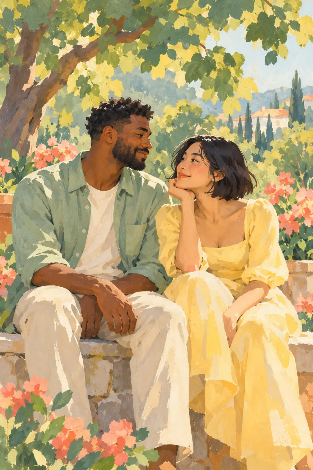 Matte gouache painting of a bearded Black man and an East Asian woman with a chin-length bob seated together on a garden wall beneath leafy trees.