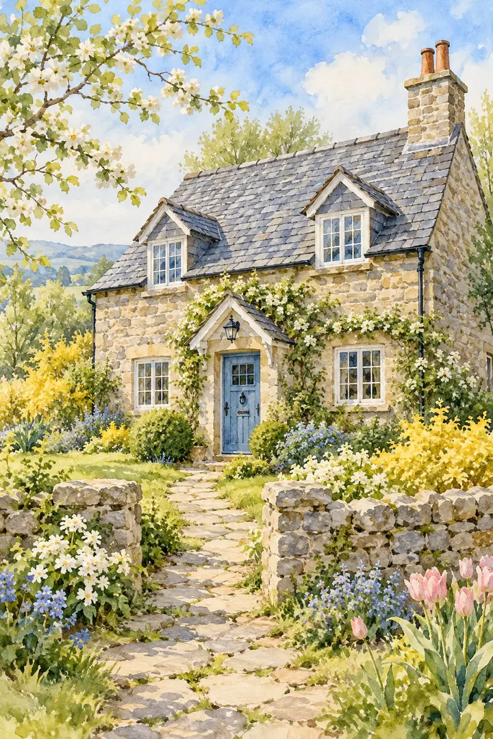 Vertical watercolor painting of a pale stone cottage with slate roof, twin chimneys, blue door, flowering garden and stone path.