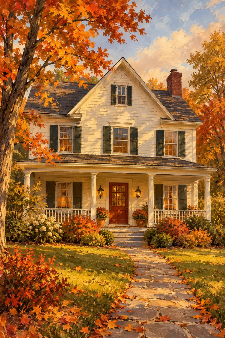 Vertical acrylic-style painting of a cream farmhouse with a full gabled roof, porch, central red-brown door, dark shutters, autumn trees, and a stone path.