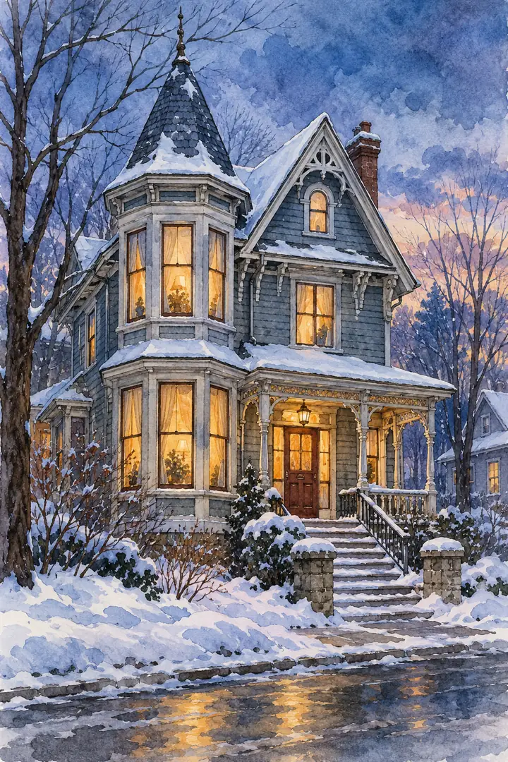 Edge-to-edge ink wash painting of a Victorian house with a steep roof, turret, glowing amber windows and snow-covered entry steps at blue dusk.