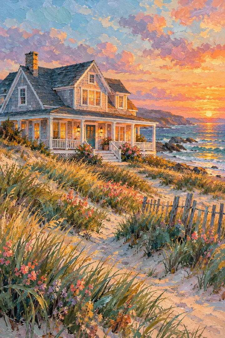 Impressionist painting of a pale coastal home with a full roof and porch, surrounded by dune grass and flowers beside the sea at sunset.