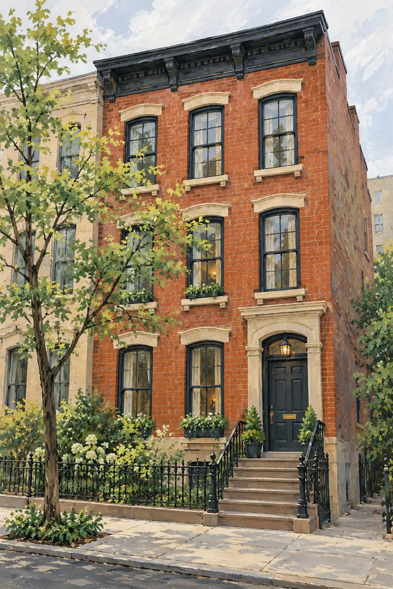 Vertical gouache painting of a red-brick city townhouse with a dark door, tall windows, narrow stoop and sidewalk tree.