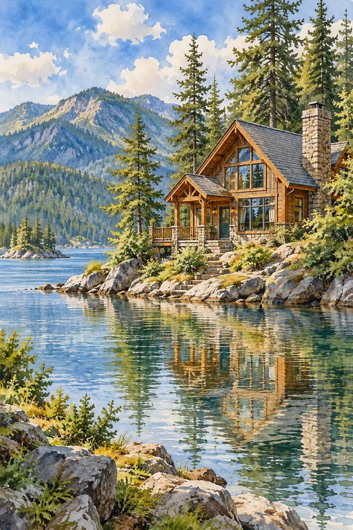 Watercolor painting of a timber lakeside cabin among pines, with a mountain backdrop and its reflection in still summer water.