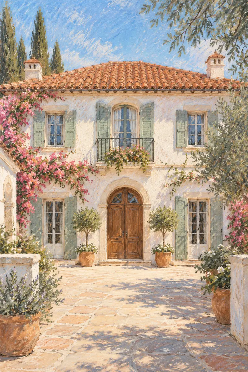 Pastel painting of a whitewashed two-story courtyard home with terracotta roof, blue shutters, central arched doorway and potted greenery in bright sunlight.