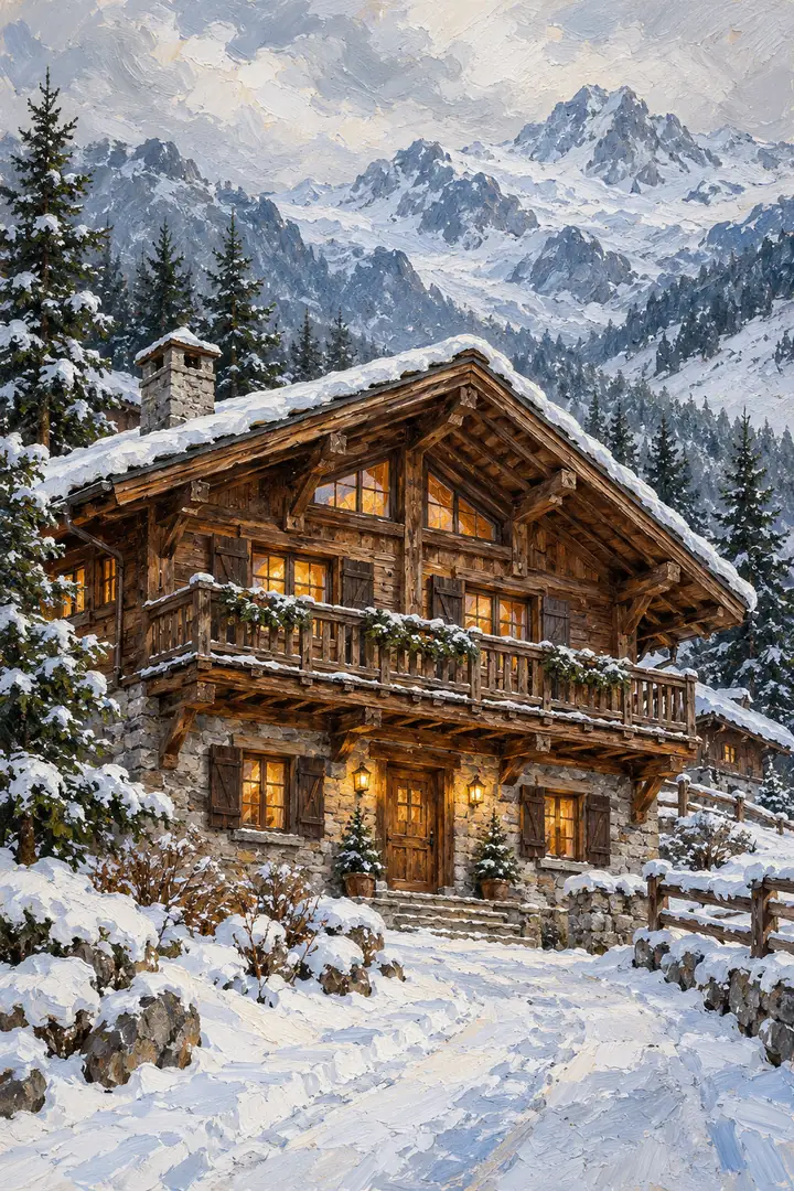 Vertical oil painting of a timber mountain chalet with a broad snowy roof, balcony, glowing windows, snow path and blue-gray peaks.
