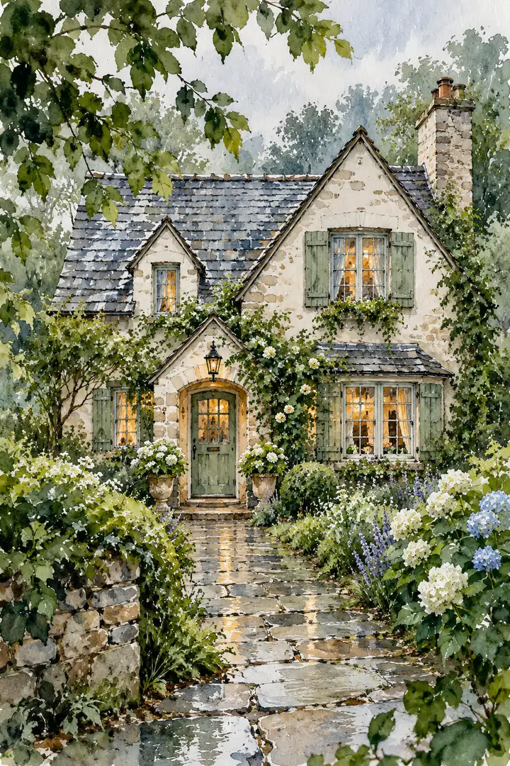 Vertical ink wash painting of a pale stone garden cottage with a green door, visible roof and windows, flowering borders, and a reflective path beneath leafy branches.