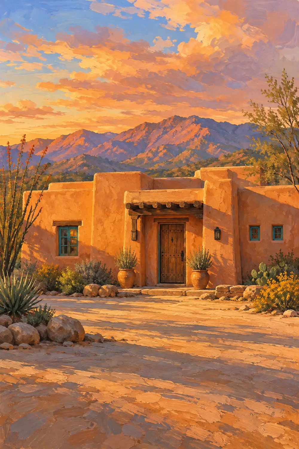 Vertical gouache painting of a terracotta adobe home with a wooden door, turquoise windows, desert plants and long golden-hour shadows.