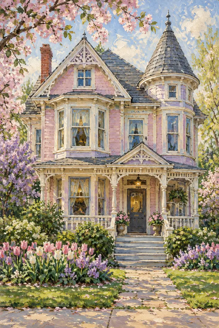 Impressionist painting of a pale pink Victorian house with a slate turret, flowering spring branches, porch and colorful garden.
