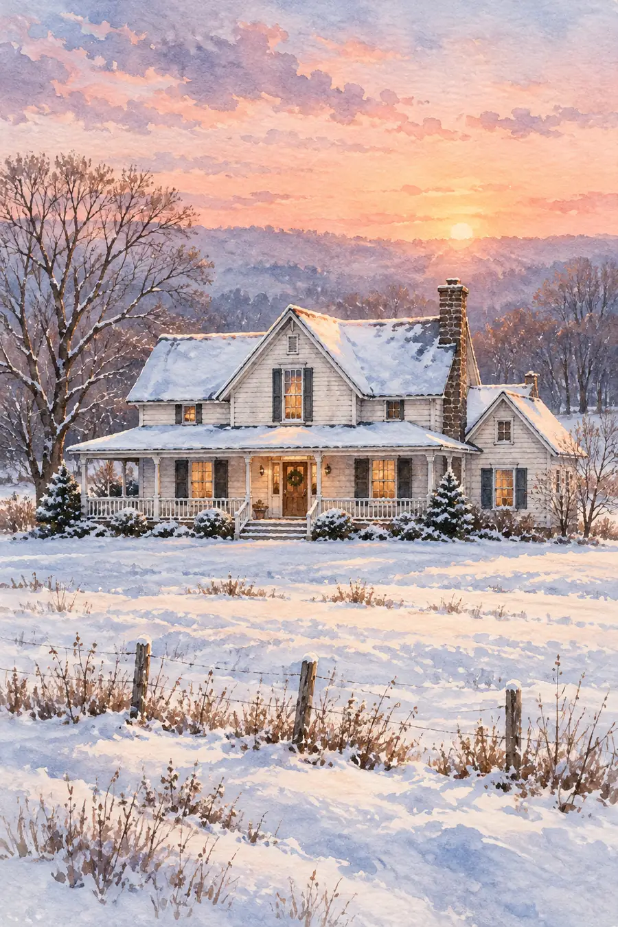 Vertical watercolor painting of a large farmhouse with a full roof, chimney and front porch across a snowy field at rose colored dawn.