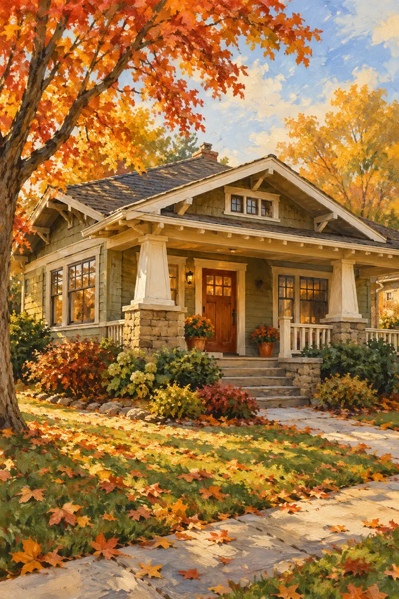 Vertical acrylic painting of a Craftsman bungalow with a deep porch, central wooden door, and vivid autumn foliage.