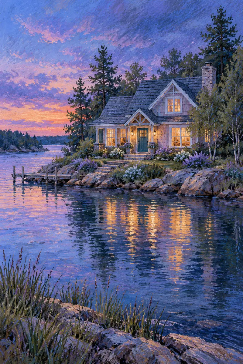 Vertical painterly scene of a lakeside cottage at dusk, with glowing amber windows and reflections across indigo water.