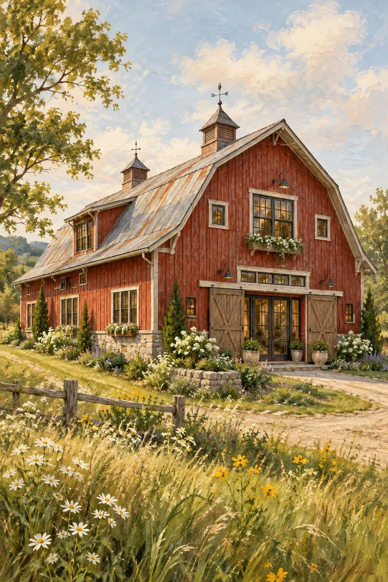 Vintage-style painting of a converted red barn home with a complete roof, broad doors, small windows and a summer meadow foreground.