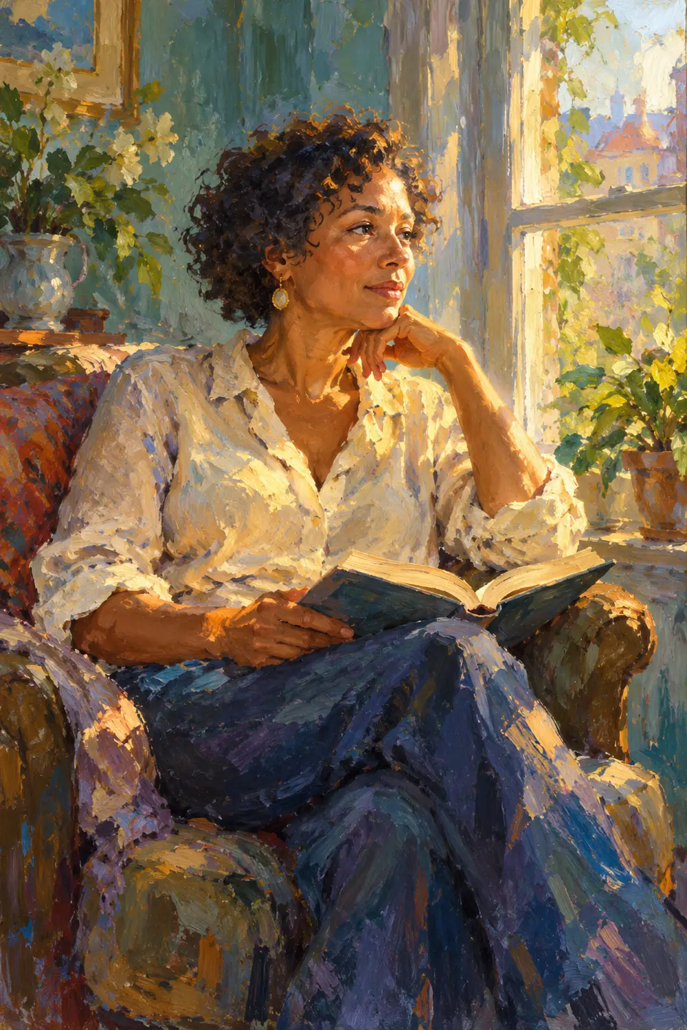 Impressionist oil painting of a short-curled woman reading beside a bright window, with warm highlights and cool blue-violet shadows.