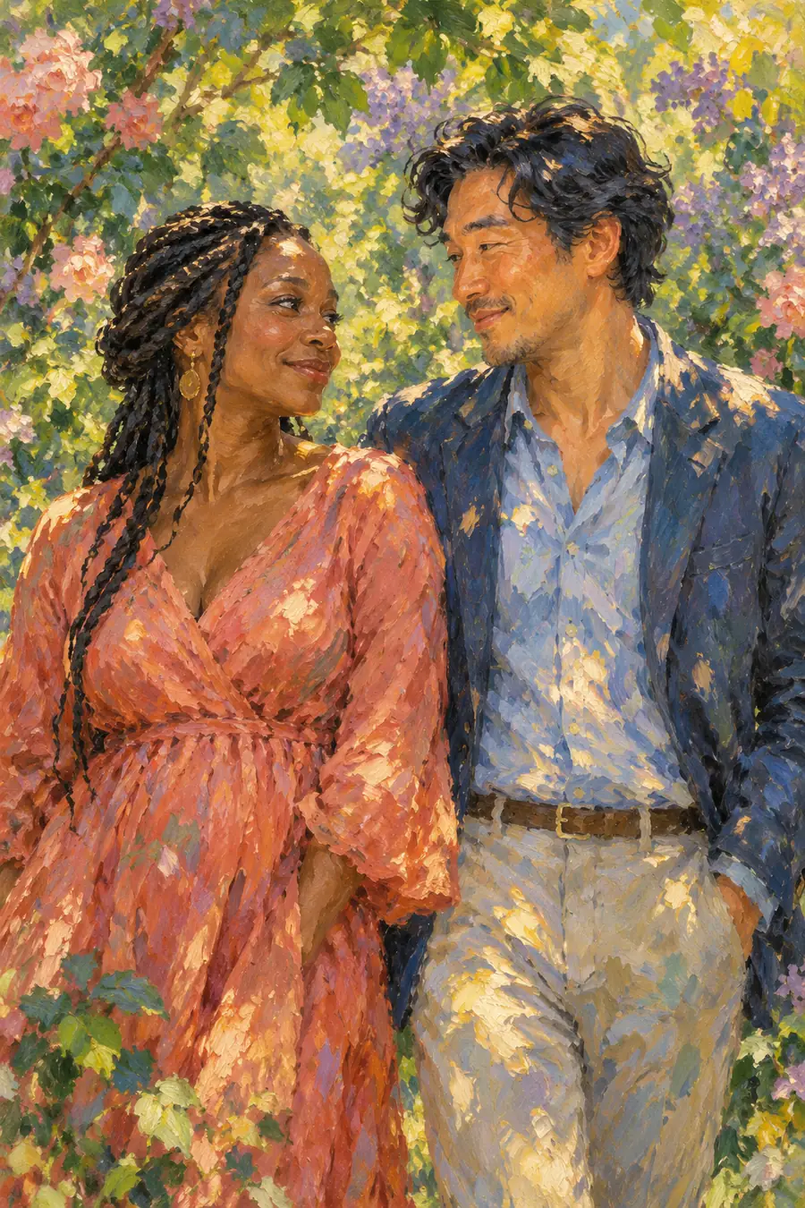Loose oil portrait of two adults standing close beneath a garden canopy in dappled light.
