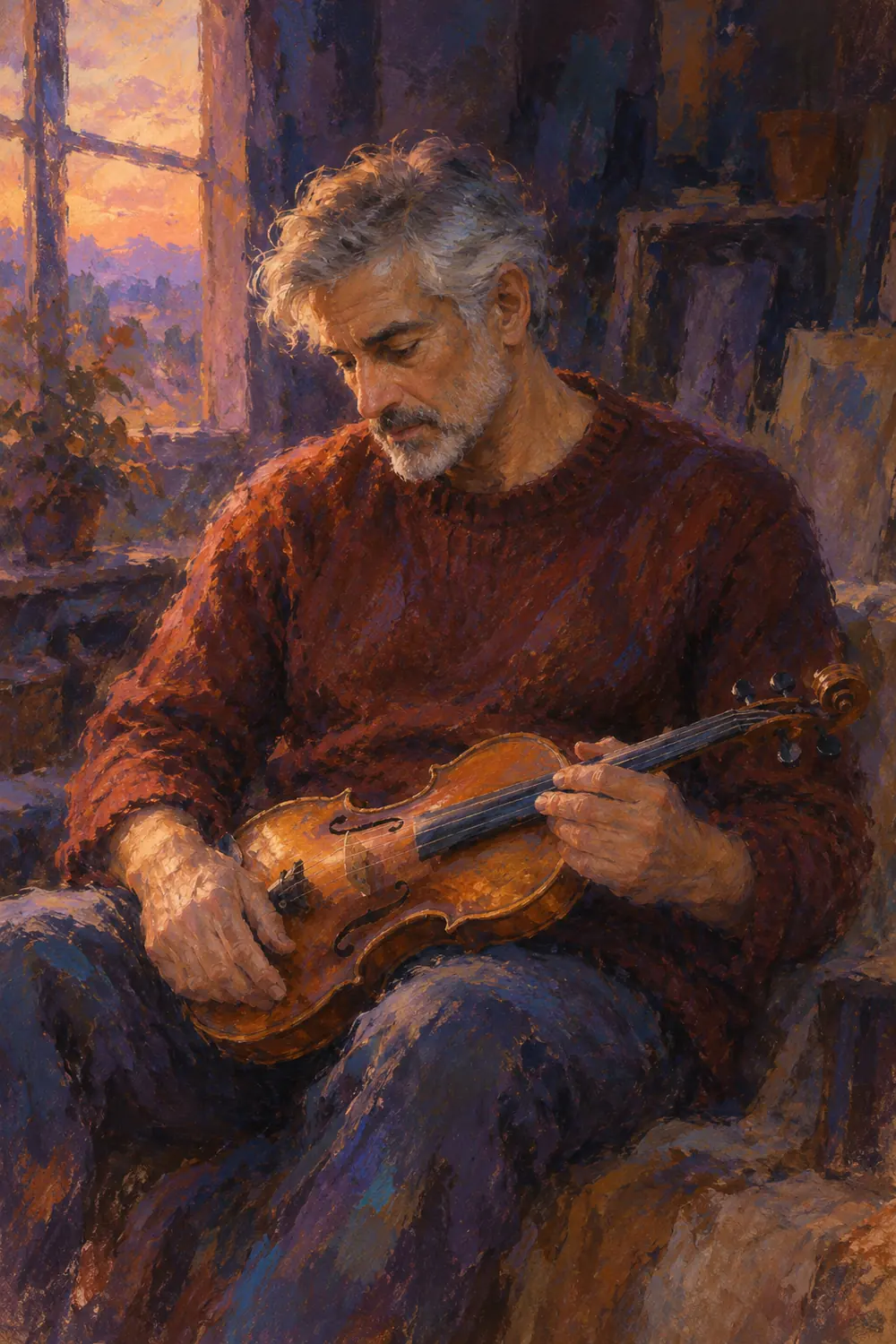 Loose pastel Impressionist painting of a silver-haired, bearded man in a rust sweater seated with a violin across his lap, lit by a peach and lavender window against indigo and plum shadows.