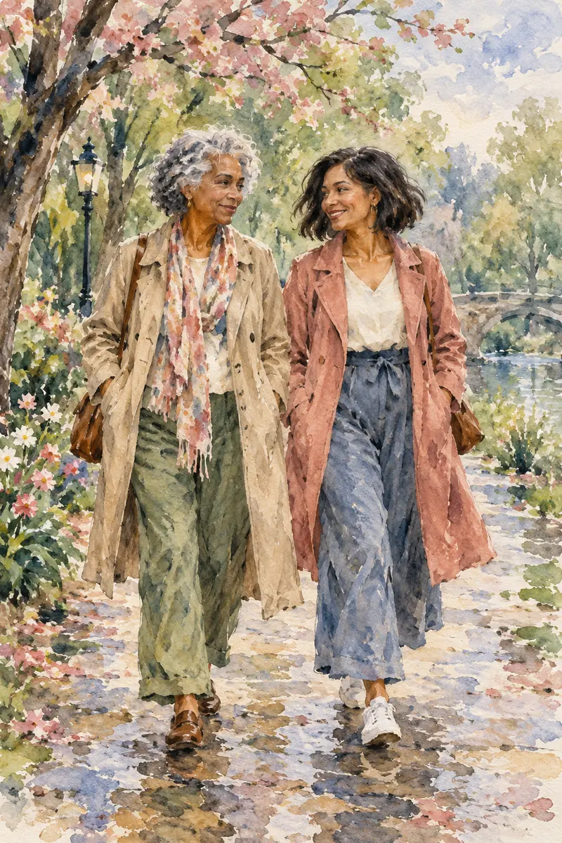 Watercolor impressionist painting of a silver-haired mother and her adult daughter walking together on a flower-lined park path.