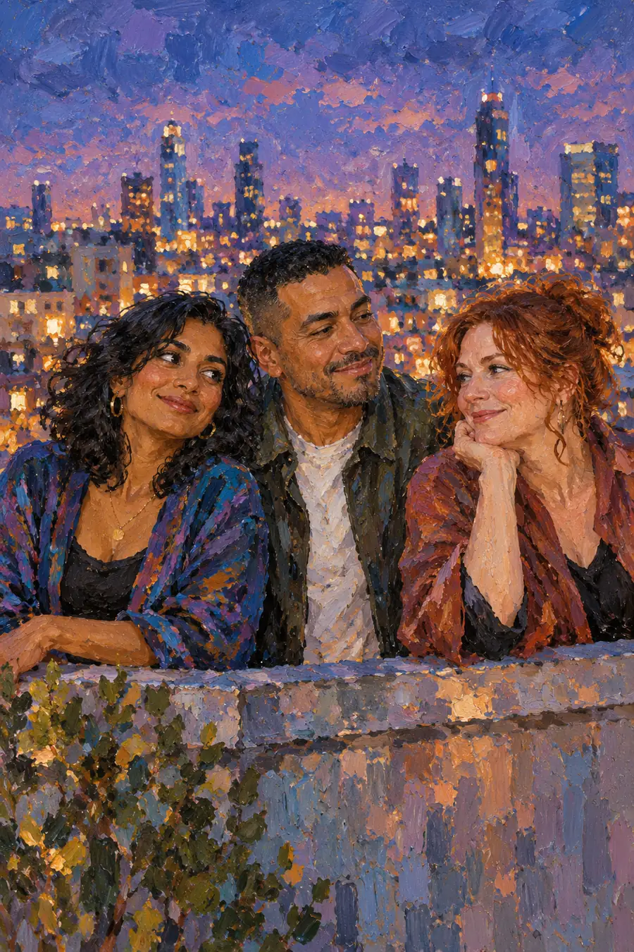 Vertical Impressionist acrylic painting of three adult friends leaning together behind a rooftop parapet, with a glowing abstract city skyline at blue hour.