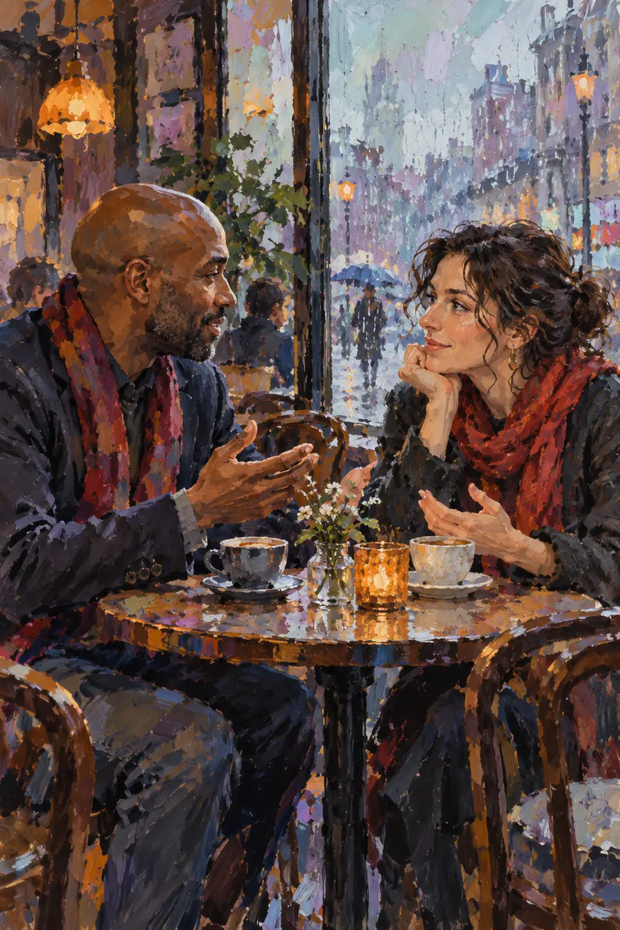 Vertical gouache impressionist painting of a Black man and a white woman talking across a café table beside a rain-streaked window, with cool reflections and warm lamp accents.