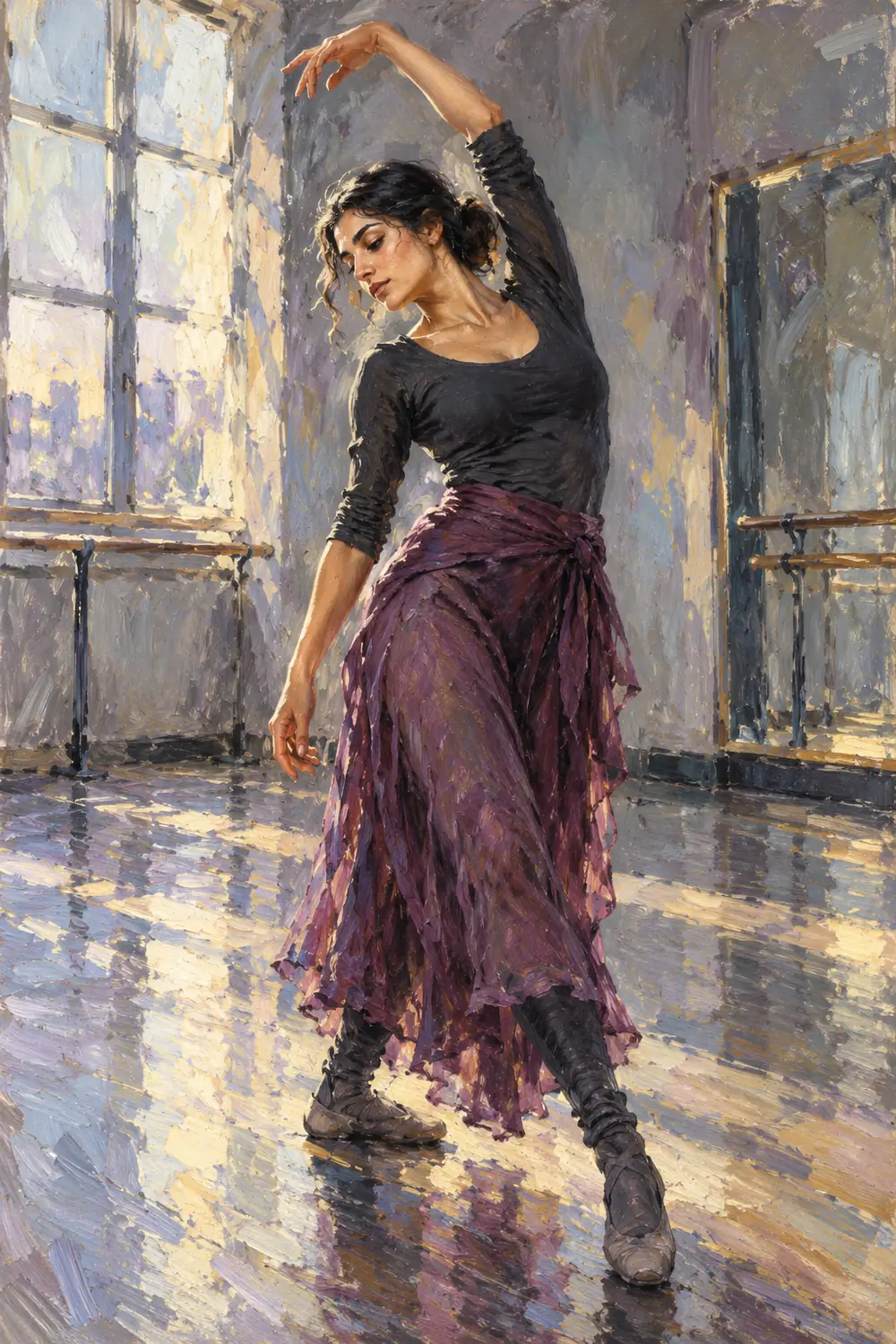 Impressionist oil painting of an adult dancer stretching overhead in a rehearsal studio, wearing a plum skirt and charcoal top.