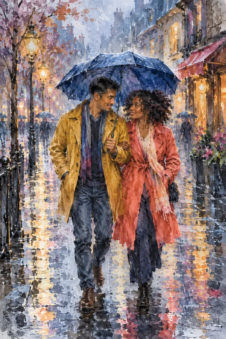 Watercolor impressionist portrait of a Southeast Asian man and a Black woman walking close under a blue umbrella on a reflective rainy street.