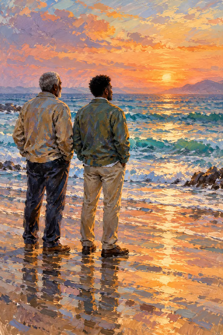 Impressionist oil painting of a gray-haired father and his adult son standing at the shoreline, watching a vivid peach sunset over turquoise water.