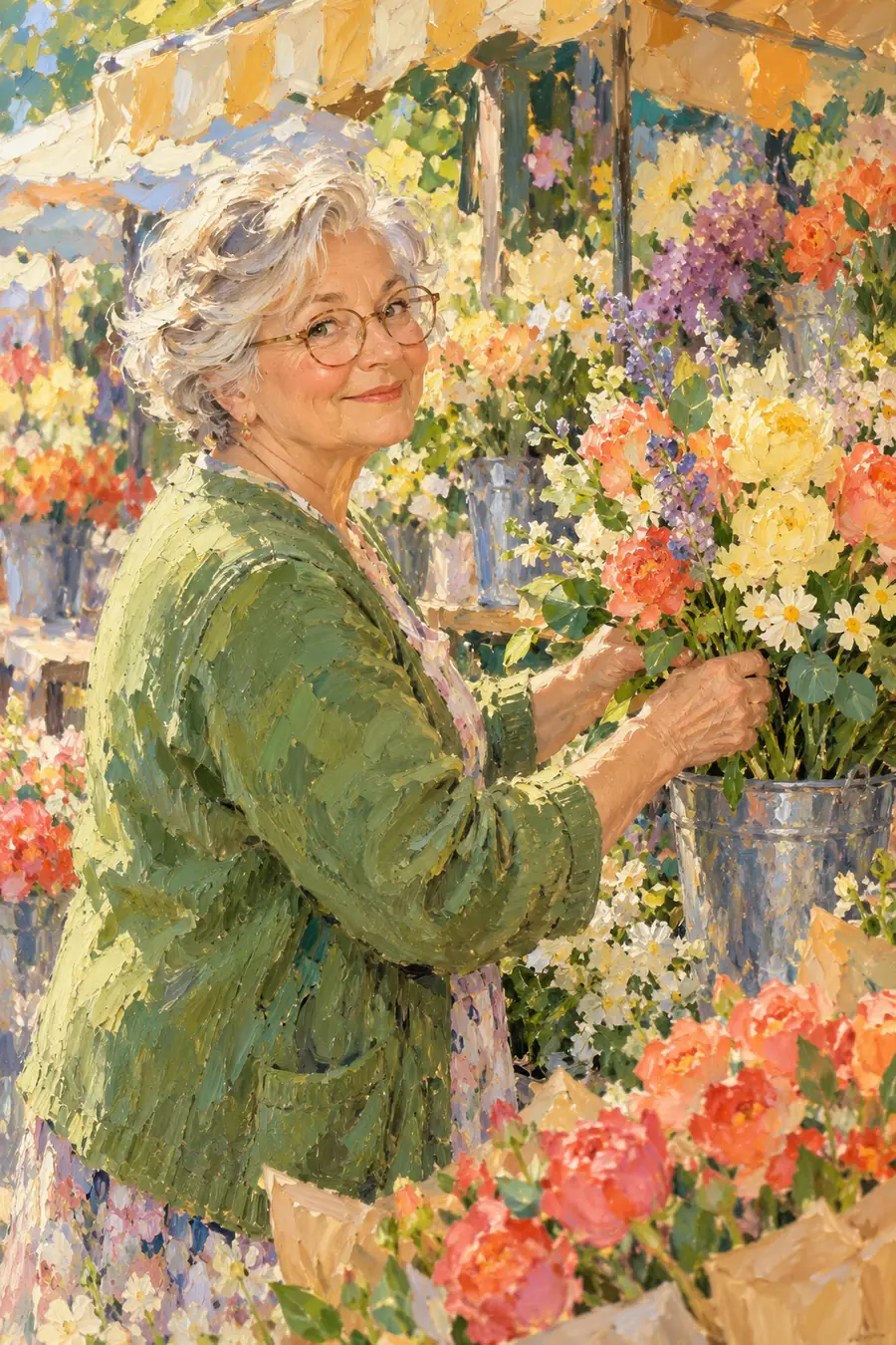 Impressionist oil painting of a silver-haired woman in round glasses arranging bright flowers at a market stall.