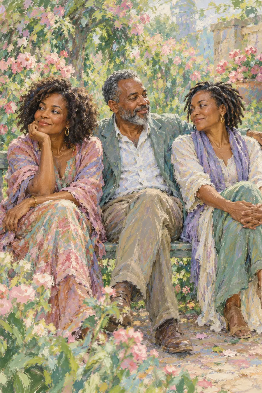 Pastel impressionist painting of two women and a graying bearded man seated together on a garden bench amid a pink and green flowering garden.