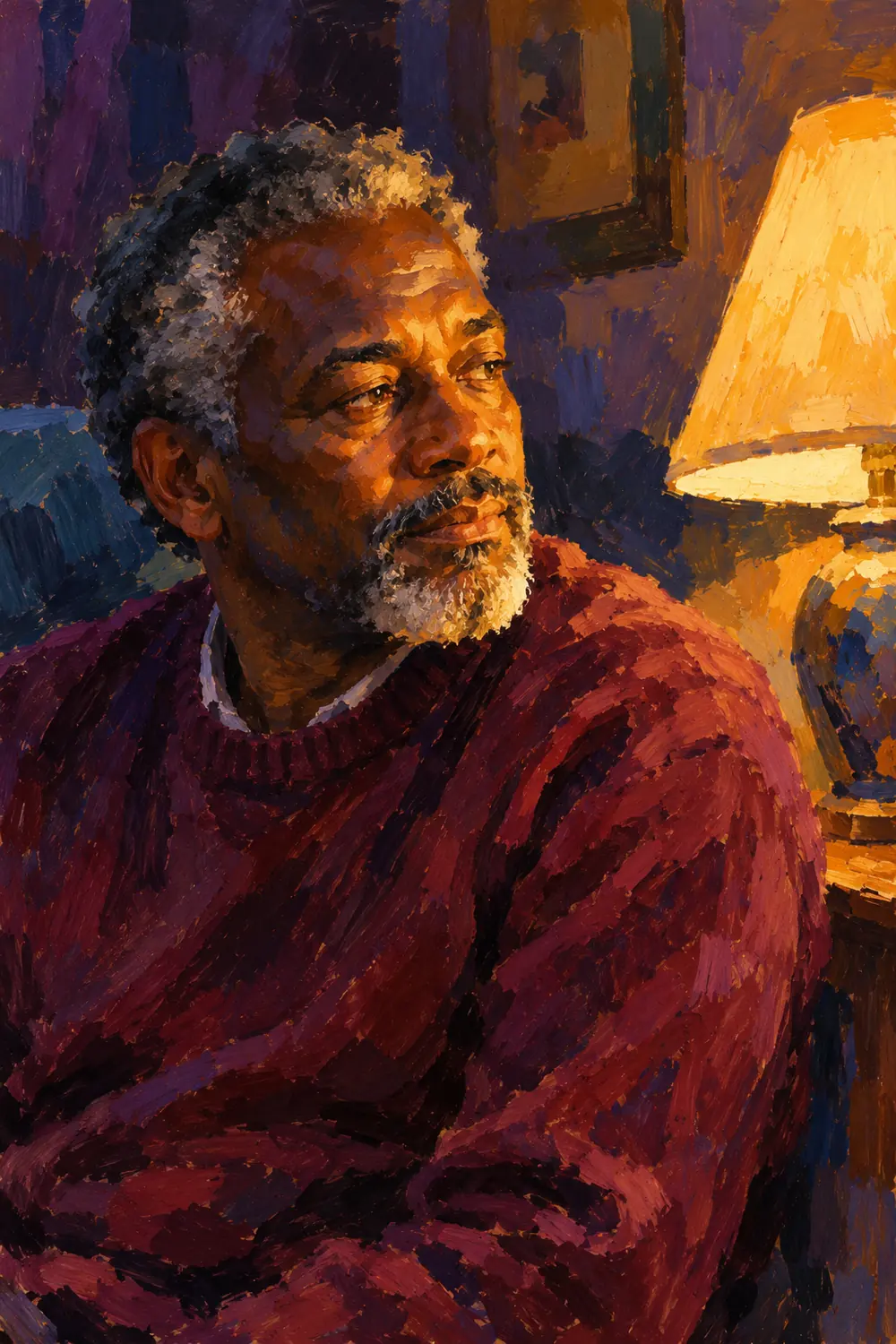 Loose gouache impressionist portrait of an older Black man in a burgundy sweater, seated beside a glowing table lamp in a dark violet room.