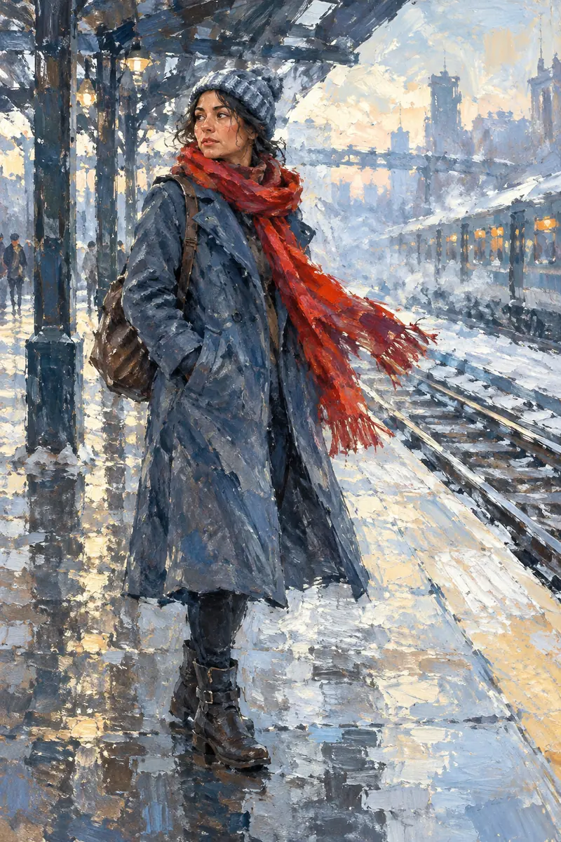 Vertical Impressionist acrylic painting of a woman in a knit cap and long blue-gray coat on a snowy station platform, her red scarf blowing in the wind.
