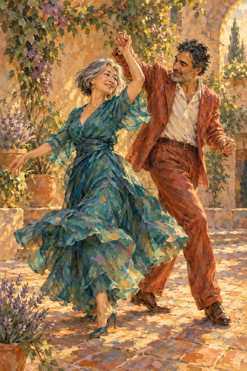 Vertical Impressionist oil painting of a gray-haired woman and dark-haired man dancing together in a leafy courtyard at golden hour.