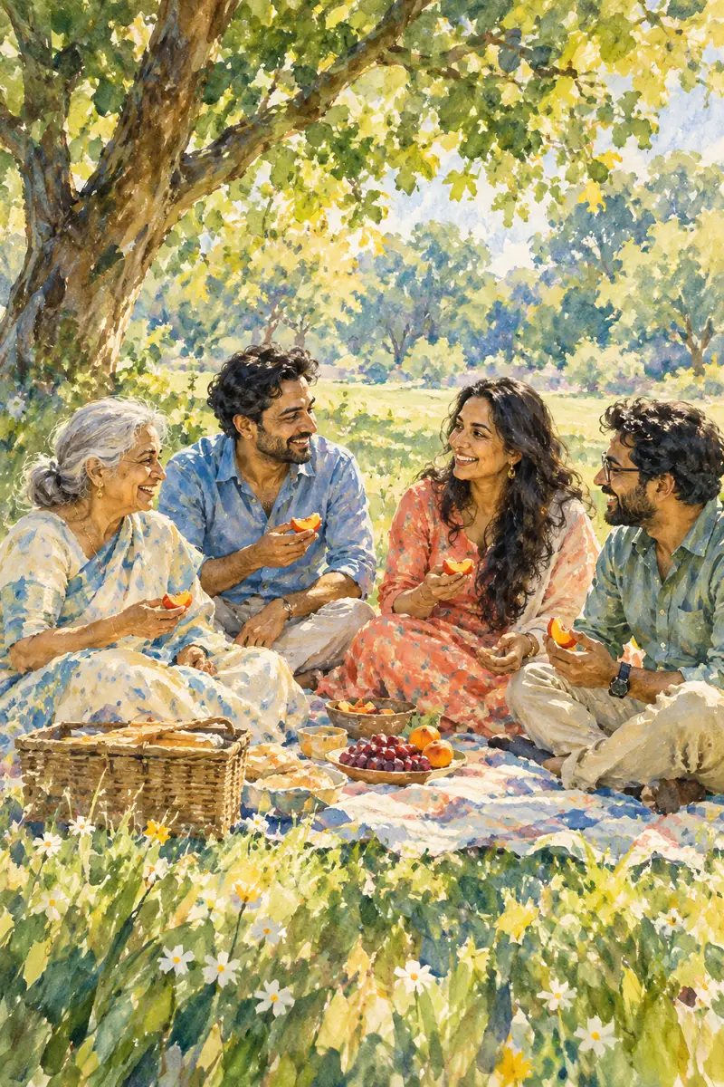 Vertical watercolor impressionist painting of four South Asian adults sharing fruit on a picnic blanket beneath a sunlit tree canopy.