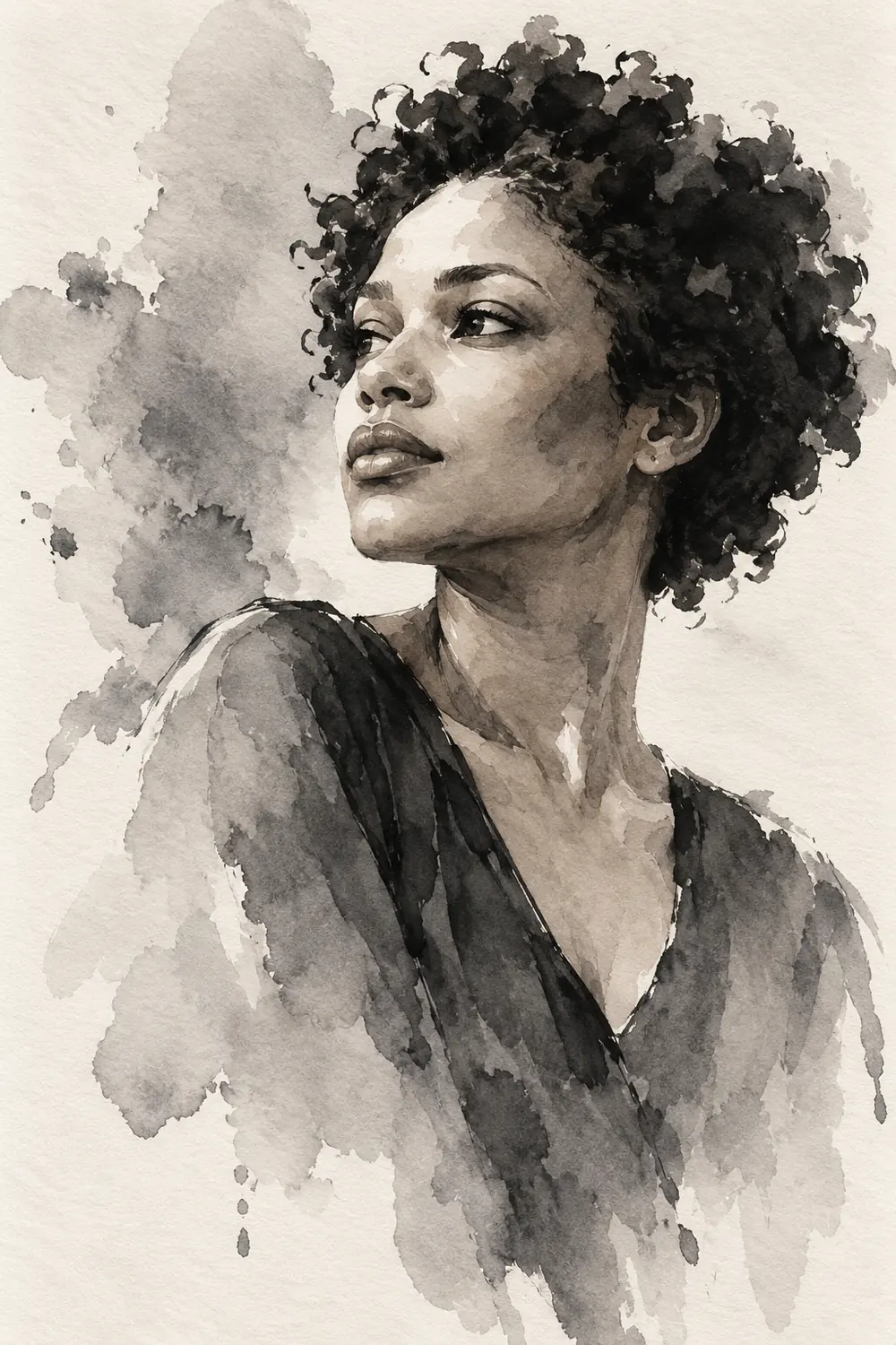 Monochrome ink wash painting of a curly-haired woman in three-quarter profile, looking slightly upward, with a dark shoulder and soft gray washes fading into textured paper.