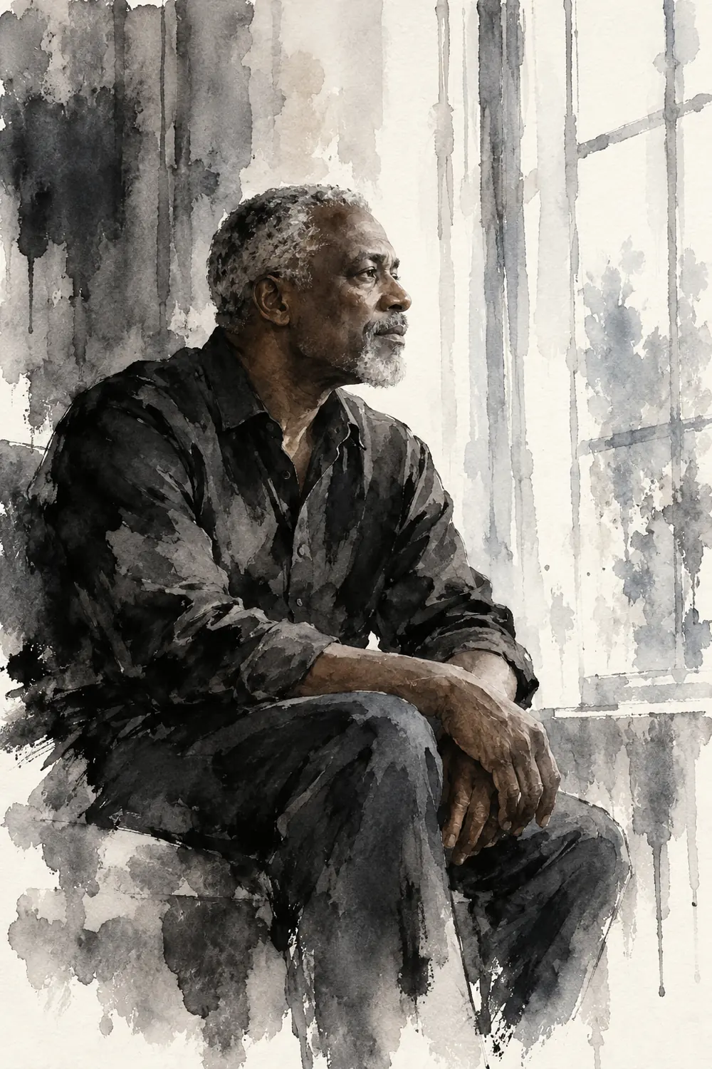 Vertical ink wash painting of a silver-haired man with deep brown skin seated beside a tall pale window, hands resting on one knee, with dark pooled washes and vertical ink runs.