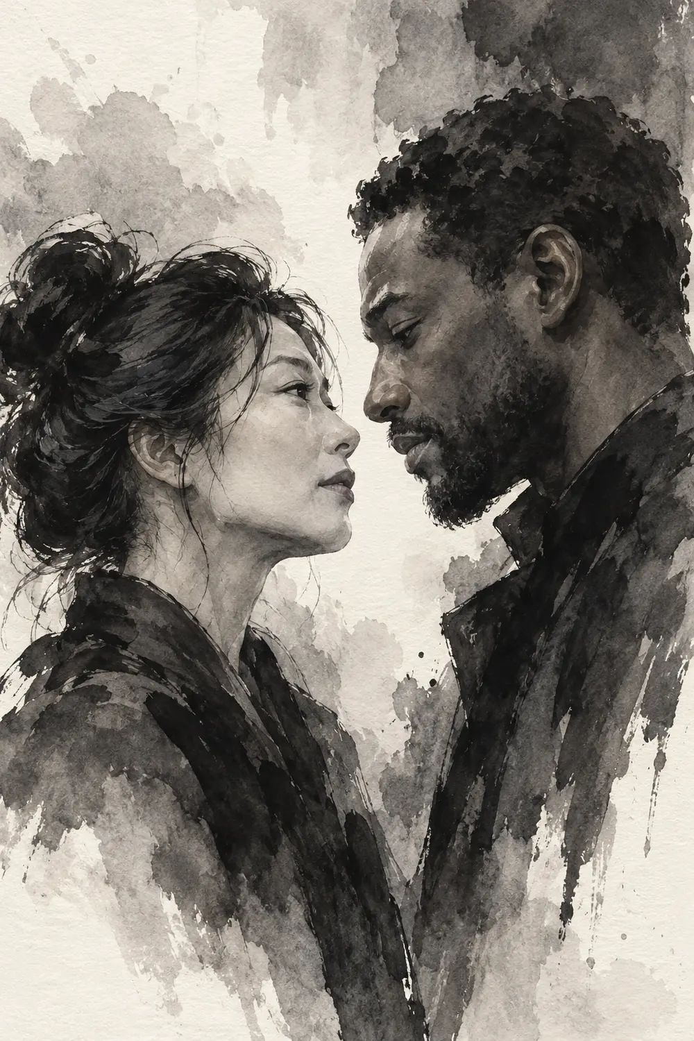 Vertical monochrome ink wash painting of an East Asian woman with a loose bun and a Black man with short hair, facing each other in profile across a slim channel of pale paper.