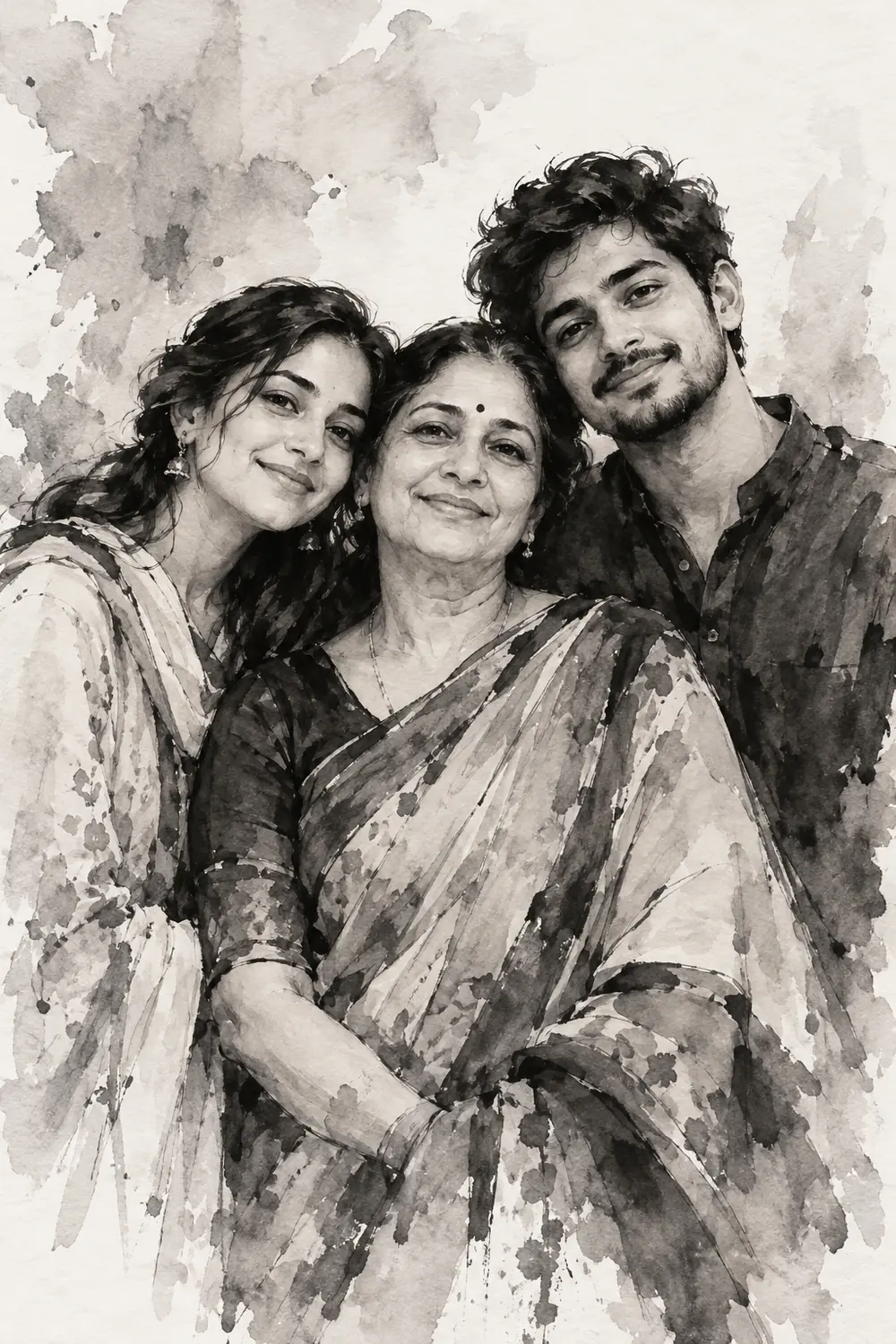 Monochrome ink wash painting of a South Asian mother in a sari with her adult daughter and son leaning close on either side, against a pale irregular wash.