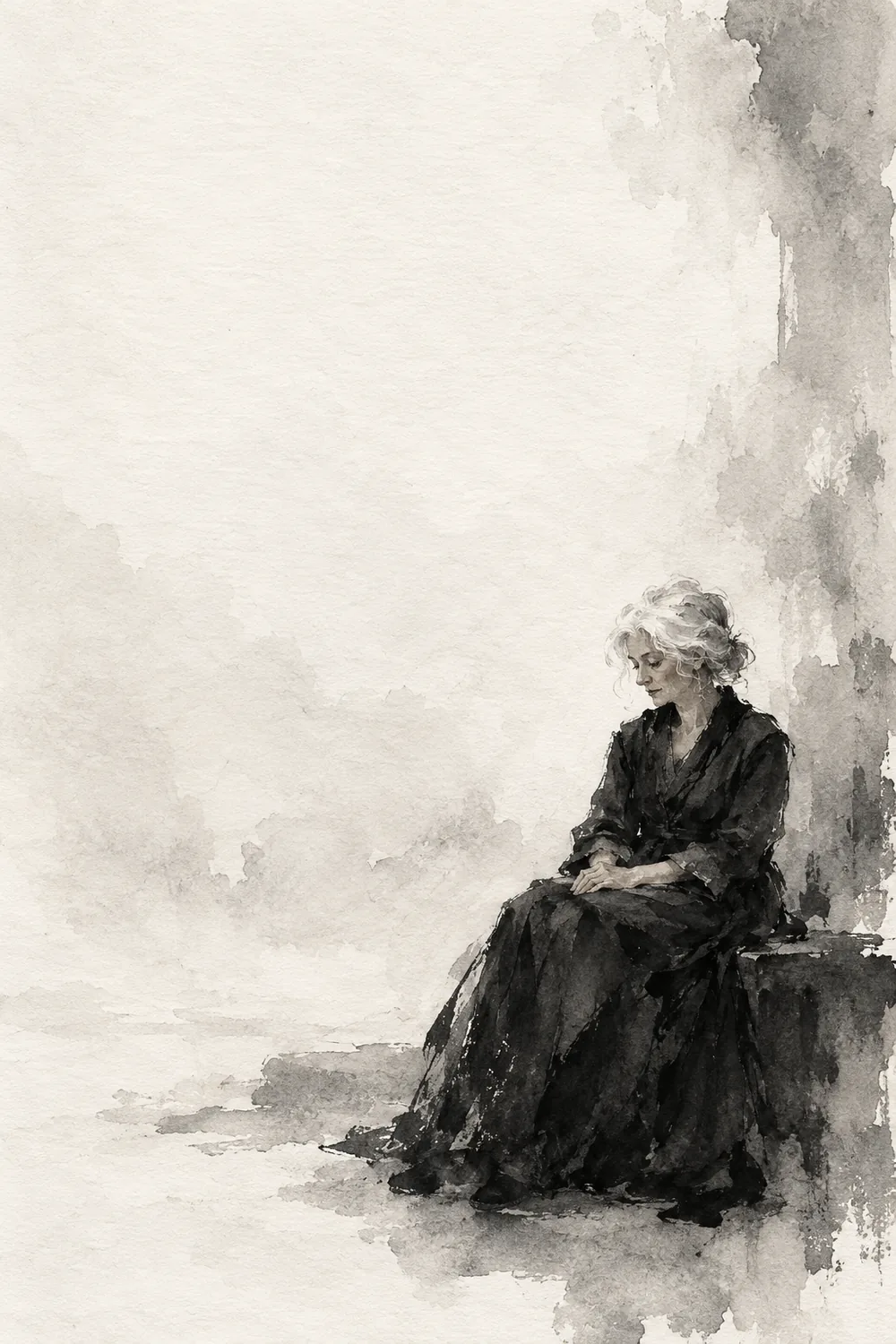 Monochrome ink wash painting of a white-haired woman in a long dark dress, seated low on the right with hands folded, surrounded by broad open paper and loose gray washes.