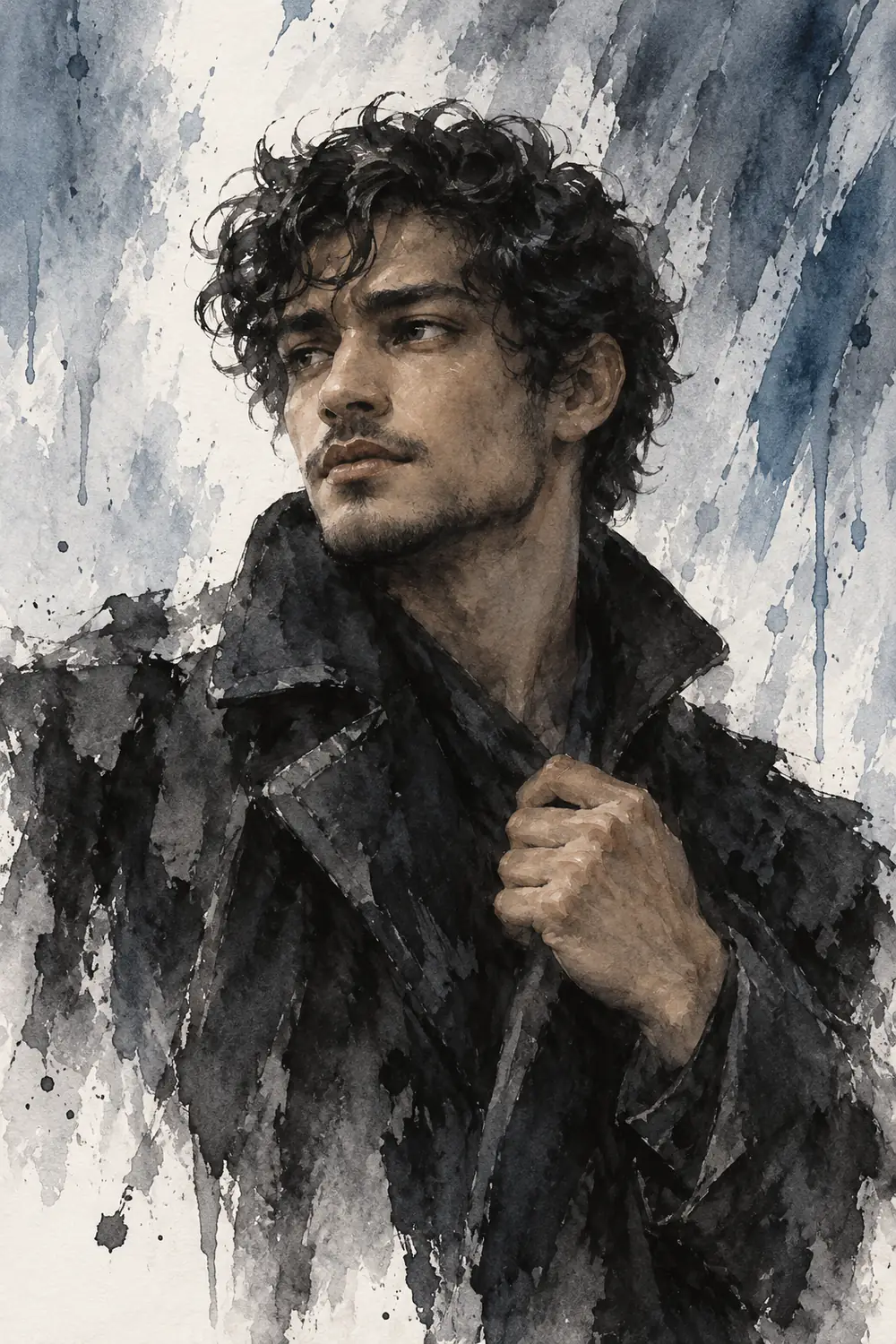 Vertical ink-wash painting of a curly-haired adult man in a dark high-collared coat, one hand near his collar, with blue-gray rainlike brushstrokes behind him.