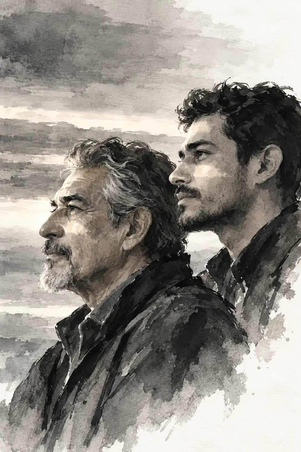 Monochrome ink wash painting of a fictional older father with salt-and-pepper hair and his dark-haired adult son, shown in overlapping left-facing profiles against a softly washed background.