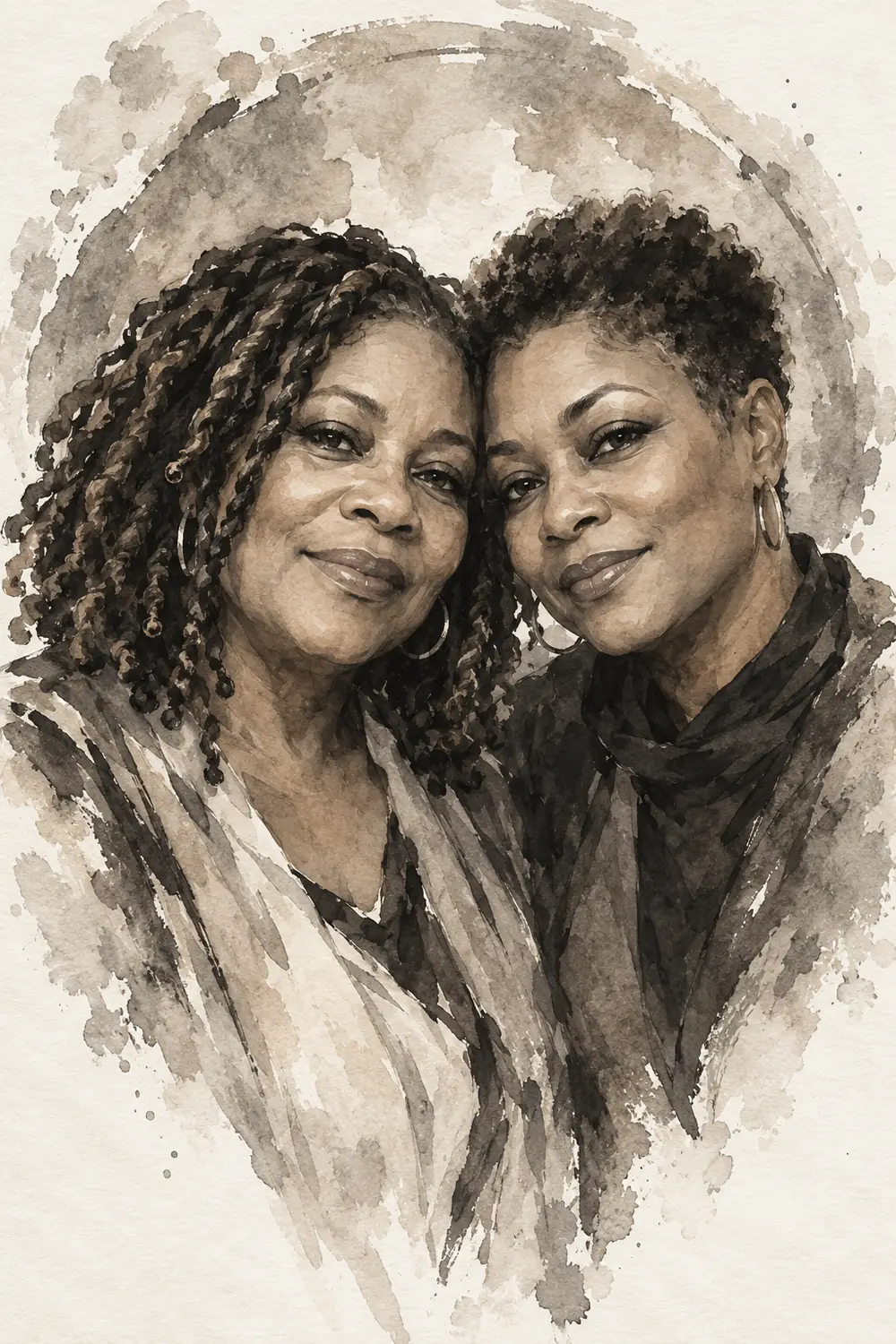 Warm sepia-gray ink wash painting of two fictional Black adult sisters leaning together, framed by a loose circular wash.