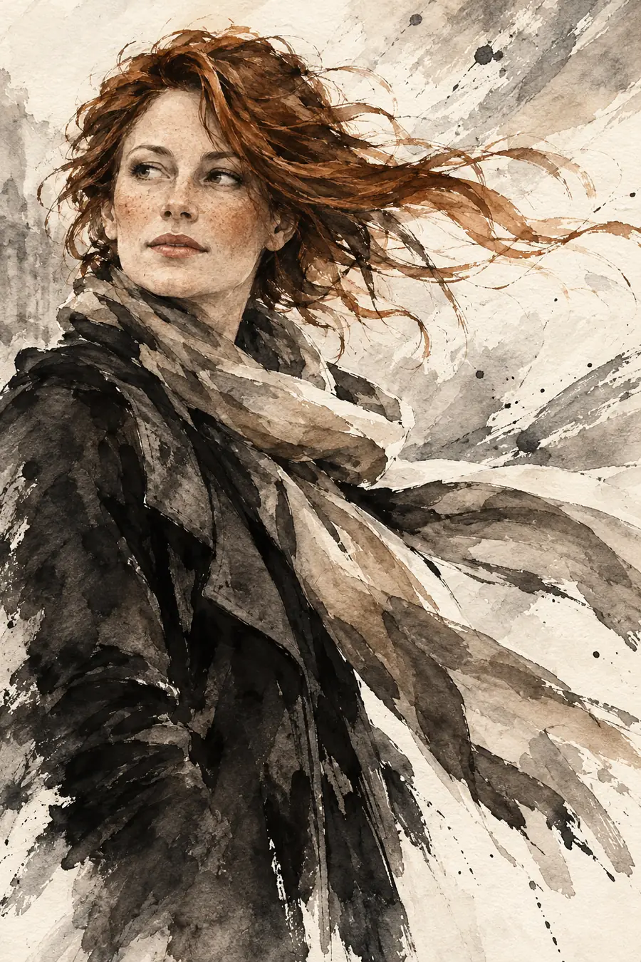 Finished ink wash painting of a freckled fictional adult woman turning left as her auburn hair and scarf stream to the right in expressive strokes.