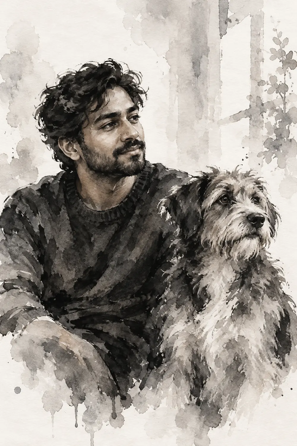 Monochrome ink wash painting of a seated man in a dark sweater beside a shaggy dog, both gazing slightly off-frame against a pale wash background.