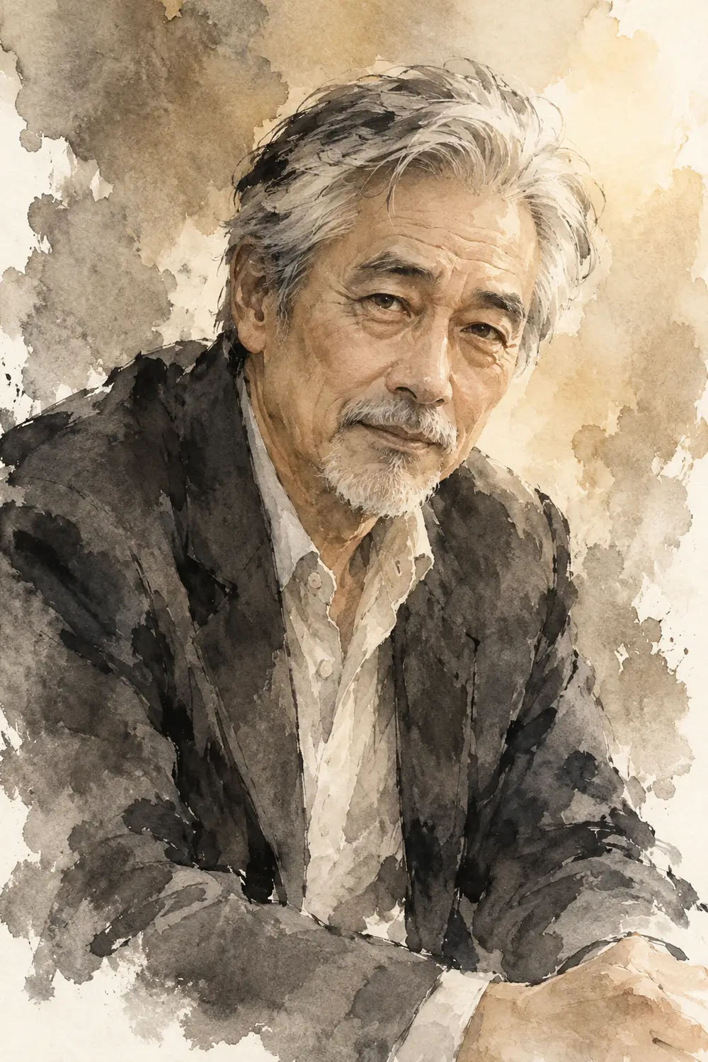 Vertical sepia-gray ink wash painting of a silver-haired older East Asian man leaning forward in a dark jacket against an uneven pale ochre wash.